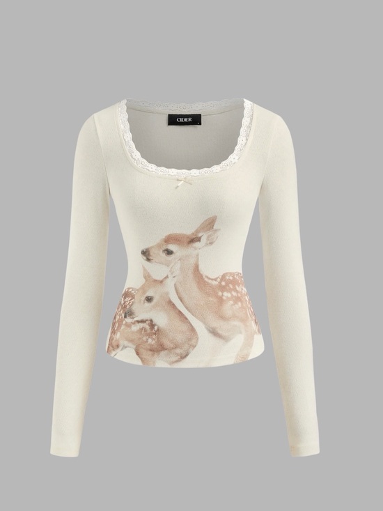 Cider Tops - Cider Cream Lace-Neck Deer Graphic Long Sleeve Top